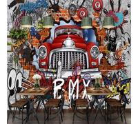 XLMING Retrò Nostalgico Muri Di Mattoni Automobili Graffiti Arte 3D Carta da Parati Premium Aspetto Della Seta Studio Soggiorno Camera Letto Parete Divano Muro-200cm×140cm