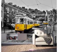 XLMING Retro Strada Tram Giallo Bianco E Nero Architettura Urbana Carta Da Parati 3D Seta lusso Studio Sala Pranzo Divano Camera Per Mobili Letto Soggiorno Tv Muro-300cm×210cm