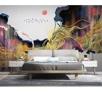 XLMING Scarabocchio Astratto Linea Dorata Dell'Alba Volo Degli Uccelli Che Vola 3D Carta da Parati Tessuto in Seta Ufficio Sala Pranzo Divano Camera Soggiorno TV Sfondo Muro-350cm×256cm