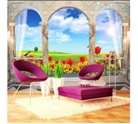 XLMING Tridimensionale Archi Colonne Romane Cielo Azzurro Nuvole Bianche Prato 3D Carta da Parati Tessuto in Seta Ufficio Sala Pranzo Divano Camera Soggiorno TV Sfondo Muro-150cm×105cm