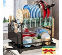 XLMYS, scolapiatti a 2 ripiani, grande, per piano della cucina, con scolapiatti in acciaio inox, per piatti, coltelli, tazze, taglieri, nero