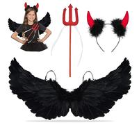 XLZJYIJ Ali d Angelo Nero, 3 Pezzo Ali di Piuma Nera con Corna da Diavolo Fascia e Forchetta da Diavolo, 60CM Ali d'angelo per Bambini, Costume da Angelo per Halloween, Feste di Cosplay, Karneval
