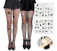 XLZJYIJ Calze a Rete di Halloween, 2 Paia Collant Halloween Donna Ragno & Teschio con 10 Fogli Adesivo Tatuaggio Ragno Halloween, Collant Ragnatela Donna Collant Halloween Donna Teschio