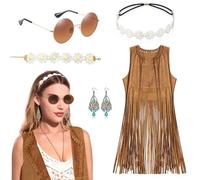 XLZJYIJ Costume da Hippie da Donna con Gilet Nappa Occhiali da Sole Collana Orecchini Cerchietto Braccialetti, Vestito Hippie Donna, Accessori Hippie da Donna, Costume Hippie Donna Anni 60 Anni 70(L)