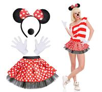 XLZJYIJ Costume da Maus Mouse, Costume da Topo Ragazza, Pois Abito da Principessa con Orecchie da Topolino Naso Nero e Guanti Bianchi, Costume Orecchie Mouse Ragazza per Halloween Cosplay