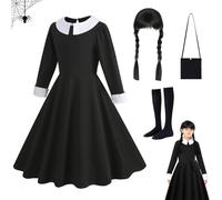 XLZJYIJ Mercoledì Costume Bambini Set, Vestito Halloween Mercoledi Per Bambini con Parrucca Calzino e Borsa, Vestito Carnevale Bambina, Costume Carnevale Bambina Donna