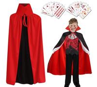 XM-mengpanwei Mantello da Vampiro Halloween, Mantello Rosso e Nero Vampire Cape,Halloween Cape Vampire Cloak Costume,Scheletro Guanti,20 Tatuaggi Temporanei per Bambini Carnevale Masquerade
