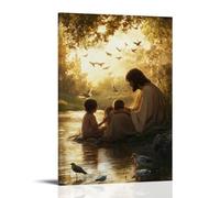 XMHMYHZJ All'alba, Gesù si siede vicino a un fiume insegnando ai bambini a piedi nudi mentre gli uccelli si affollano intorno alle spalle. Decorazione artistica da parete, decorazione moderna da