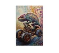XMHMYHZJ Decorazione artistica da parete con animale, motivo: un camaleonte che corre un go-kart con colori mutevoli che si trascina dietro dietro la parete, decorazione moderna da appendere, 50 x 75