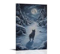 XMHMYHZJ Decorazione artistica da parete con animale, raffigurante un gatto che pattina sul ghiaccio in cerchio su un fiume ghiacciato al chiaro di luna. Decorazione artistica da appendere, 40 x 60 cm