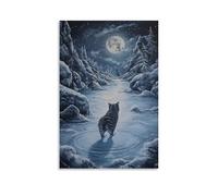 XMHMYHZJ Decorazione artistica da parete con animale, raffigurante un gatto che pattina sul ghiaccio in cerchio su un fiume ghiacciato al chiaro di luna. Decorazione artistica da appendere, 40 x 60 cm
