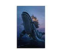 XMHMYHZJ Decorazione artistica da parete con balena di mare profondo che trasporta un castello luminoso, circondata da pesci, acqua di mare sfumata blu-viola, decorazione artistica da parete, poster