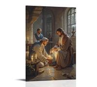 XMHMYHZJ Decorazione artistica da parete con Cristo che lava i piedi dei discepoli, atto umile, ambiente intimo, realismo olandese a lume di candela, decorazione artistica da appendere, 30 x 45 cm
