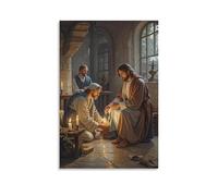 XMHMYHZJ Decorazione artistica da parete con Cristo che lava i piedi dei discepoli, atto umile, ambiente intimo, realismo olandese a lume di candela, decorazione artistica da appendere moderna, 60 x