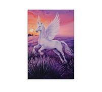 XMHMYHZJ Decorazione artistica da parete con dipinto a olio con un elegante Pegaso che scivola sopra i campi di lavanda sotto un crepuscolo violetto, decorazione moderna da appendere, poster artistico