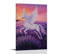 XMHMYHZJ Decorazione artistica da parete con dipinto a olio con un elegante Pegaso che scivola sopra i campi di lavanda sotto un crepuscolo violetto, decorazione moderna da appendere, poster artistico