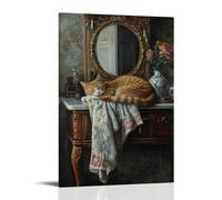 XMHMYHZJ Decorazione artistica da parete con dipinto a olio di un gatto drappeggiato elegantemente attraverso una vanità, esaminando il suo riflesso con regalità assonnata. Decorazione artistica da