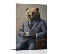 XMHMYHZJ Decorazione artistica da parete con dipinto a olio di un orso che indossa un abito da lavoro grigio gessato, sorseggiando un caffè con una valigetta accanto a lui. Decorazione artistica da