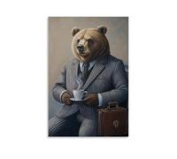XMHMYHZJ Decorazione artistica da parete con dipinto a olio di un orso che indossa un abito da lavoro grigio gessato, sorseggiando un caffè con una valigetta accanto a lui. Decorazione artistica da