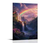 XMHMYHZJ Decorazione artistica da parete con dipinto di una cascata con arcobaleno nel cielo e uccelli che volano sopra di essa, decorazione moderna da appendere, 30 x 45 cm