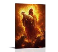 XMHMYHZJ Decorazione artistica da parete con immagine di Gesù che tiene l'agnello in alto, mentre le fiamme tremolano intorno, lupi che si ritirano dalla purezza della sua presenza. Decorazione