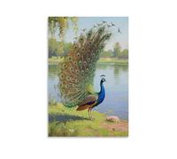 XMHMYHZJ Decorazione artistica da parete con immagine di pavone che si apre la coda, fronte al lago, decorazione moderna da appendere, 50 x 75 cm