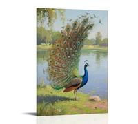 XMHMYHZJ Decorazione artistica da parete con immagine di pavone che si apre la coda, fronte al lago, decorazione moderna da appendere, 50 x 75 cm