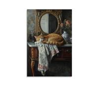 XMHMYHZJ Decorazione artistica da parete con immagine di un gatto drappeggiato elegantemente attraverso una vanità, esaminando il suo riflesso con regalità assonnata. Decorazione artistica da parete