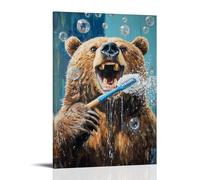 XMHMYHZJ Decorazione artistica da parete con immagine di un orso che si lava i denti così duramente che le bolle riempiono l'intero bagno. Decorazione artistica da parete moderna da appendere, 50 x 75