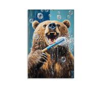 XMHMYHZJ Decorazione artistica da parete con immagine di un orso che si lava i denti così duramente che le bolle riempiono l'intero bagno. Decorazione artistica da parete moderna da appendere, 60 x 90