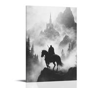 XMHMYHZJ Decorazione artistica da parete con immagine di uno stallone nero che porta un cavaliere attraverso la nebbia verso una cappella di montagna, decorazione moderna da appendere, 30 x 45 cm