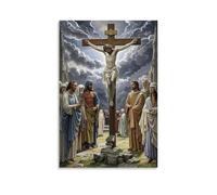XMHMYHZJ Decorazione artistica da parete con la crocifissione di Gesù, stile gotico, cielo scuro, folla emotiva, anatomia dettagliata, arte medievale, decorazione artistica da parete moderna da