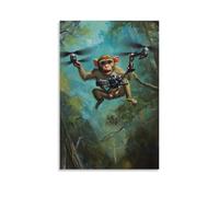 XMHMYHZJ Decorazione artistica da parete con pittura ad olio con animali - Una scimmia che corre con un drone in una corsa aerea nella foresta tecnologica, decorazione artistica da parete, poster