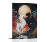 XMHMYHZJ Decorazione artistica da parete con Qilin bianco di fronte a una fenice nera in un campo di specchi sotto i cieli di eclissi, decorazione moderna da appendere, 40 x 60 cm