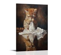 XMHMYHZJ Decorazione artistica da parete con stampa di un gatto che si aggroviglia la coda in asciugamani di carta mentre controlla drammaticamente il suo riflesso. Decorazione artistica da parete