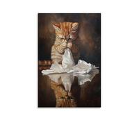 XMHMYHZJ Decorazione artistica da parete con stampa di un gatto che si aggroviglia la coda in asciugamani di carta mentre controlla drammaticamente il suo riflesso. Decorazione artistica da parete