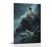 XMHMYHZJ Decorazione artistica da parete, decorazione moderna da appendere, 30 x 45 cm, motivo: Gesù guarda su un agnello che riposa mentre due lupi strisciano dalla nebbia sotto