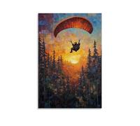 XMHMYHZJ Decorazione artistica da parete, decorazione moderna da appendere con pittura a olio di un orso che parapendio sopra una foresta illuminata al tramonto, alberi come una trapunta patchwork