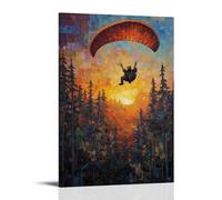 XMHMYHZJ Decorazione artistica da parete, decorazione moderna da appendere con pittura a olio di un orso che parapendio sopra una foresta illuminata al tramonto, alberi come una trapunta patchwork