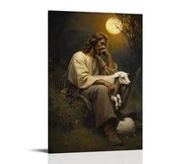XMHMYHZJ Decorazione artistica da parete moderna da appendere al bordo di un prato, Gesù si siede con un agnello che dorme accanto a lui mentre i lupi ululano in lontananza, incapaci di passare