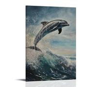 XMHMYHZJ Decorazione artistica da parete moderna da appendere con dipinto a olio con un delfino che esegue una svolta a mezz'aria durante una competizione di surf, onde che si infrangono sotto