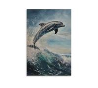 XMHMYHZJ Decorazione artistica da parete moderna da appendere con dipinto a olio con un delfino che esegue una svolta a mezz'aria durante una competizione di surf, onde che si infrangono sotto
