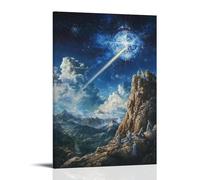 XMHMYHZJ Decorazione artistica da parete moderna da appendere con immagine di una cometa che forma una croce mentre vola sopra la terra, osservata dagli angeli che riposano sulle cime delle montagne