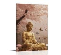 XMHMYHZJ Decorazione artistica da parete moderna da appendere con un Buddha dorato seduto sotto un albero di ciliegio, e uccelli si radunano intorno a lui mentre petali piove come canti sacri