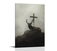 XMHMYHZJ Decorazione artistica da parete moderna da appendere con un cervo che riposa nell'ombra di un crocifisso su una collina, nebbia che si arriccia intorno alla sua forma silenziosa. Decorazione