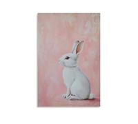 XMHMYHZJ Decorazione artistica da parete moderna da appendere con un coniglio bianco seduto su uno sfondo rosa tenue, orecchie estese come se ascoltasse il suono del silenzio, decorazione artistica da