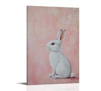 XMHMYHZJ Decorazione artistica da parete moderna da appendere con un coniglio bianco seduto su uno sfondo rosa tenue, orecchie estese come se ascoltasse il suono del silenzio. Decorazione artistica da