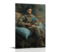XMHMYHZJ Decorazione artistica da parete moderna da appendere con un soldato che ritorna a casa e trova una rosa blu sul cuscino, lasciata da qualcuno che non ha mai bussato