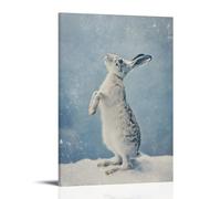 XMHMYHZJ Decorazione artistica da parete moderna da appendere con una lepre innevata sulle zampe posteriori, pelliccia luccicante su uno sfondo blu ghiacciaio sbiadito. Decorazione artistica da parete