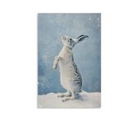 XMHMYHZJ Decorazione artistica da parete moderna da appendere con una lepre innevata sulle zampe posteriori, pelliccia luccicante su uno sfondo blu ghiacciaio sbiadito. Decorazione artistica da parete
